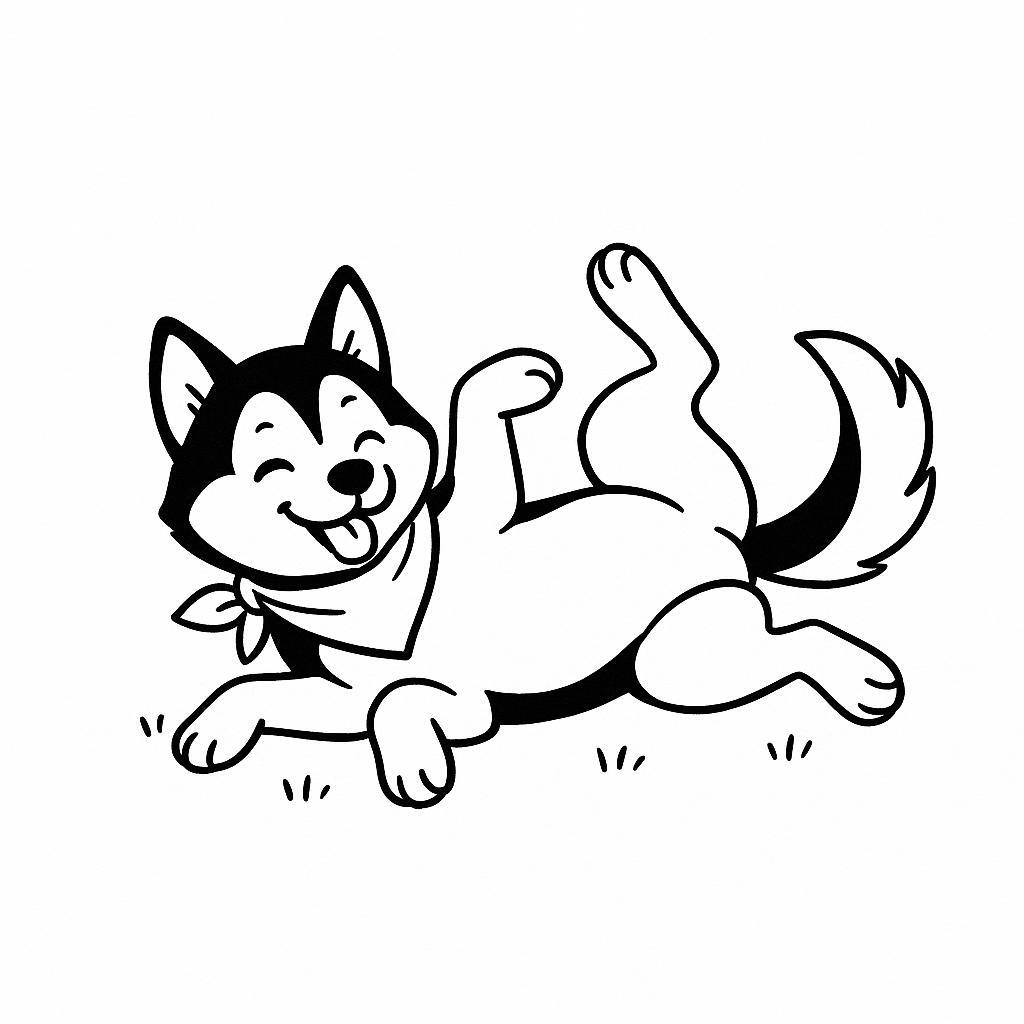 Coloring page of a Husky dog, energetic pup rolling on the grass