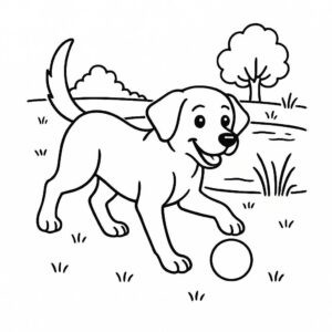 Coloring page of a Labrador Retriever dog, brave protector playing with a ball