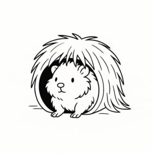 Coloring page of a little rodent, fluffy friend hiding under hay