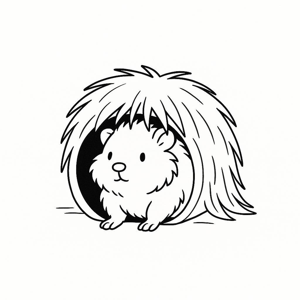 Coloring page of a little rodent, fluffy friend hiding under hay