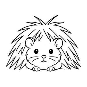 Coloring page of a little rodent, fluffy friend hiding under hay
