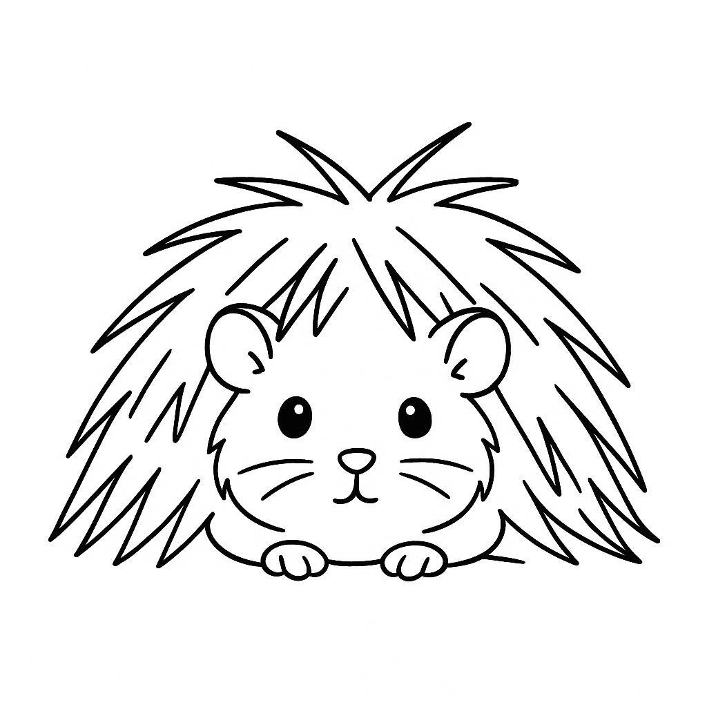 Coloring page of a little rodent, fluffy friend hiding under hay