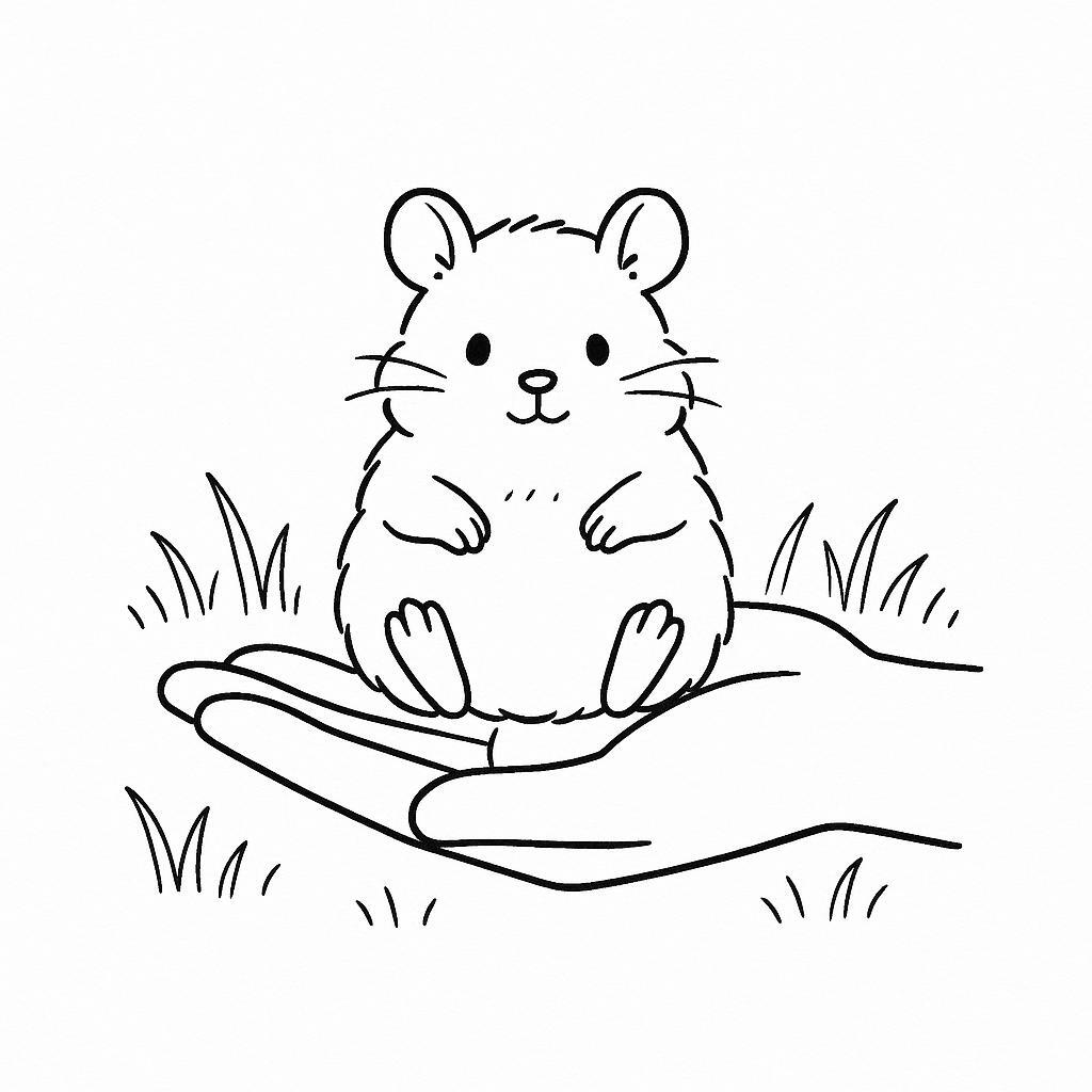 Coloring page of a little rodent, fluffy friend resting on a human hand
