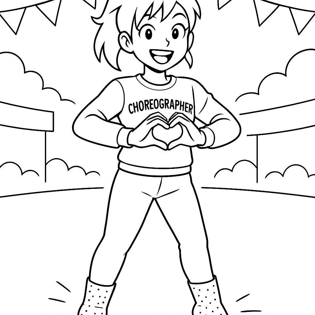 Coloring page of a manga character, choreographer making a heart with hands