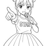 Page à colorier d&rsquo;un personnage de manga, interprète pointant vers la caméra