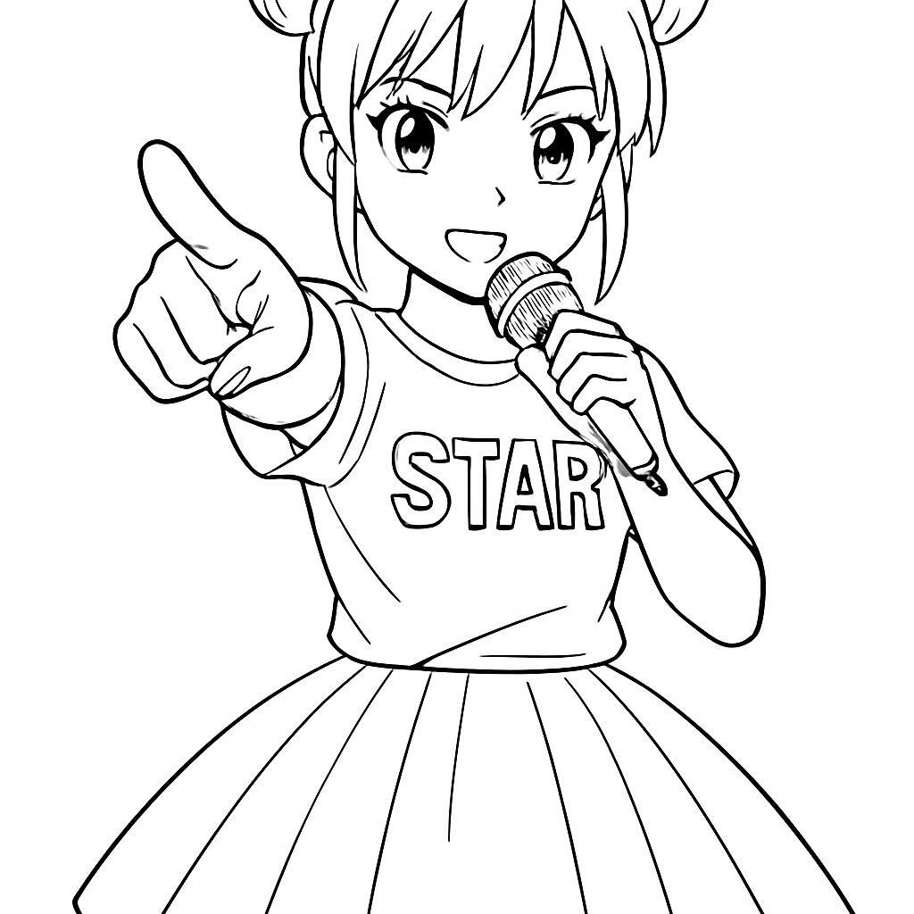 Coloring page of a manga character, performer pointing at the camera