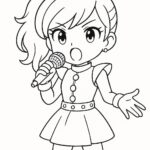 Page de coloriage d&rsquo;un personnage de manga, visuel en train de chanter