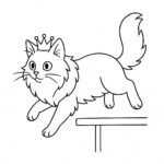 Page à colorier d’un chat de la forêt norvégienne, chat curieux sautant sur une étagère