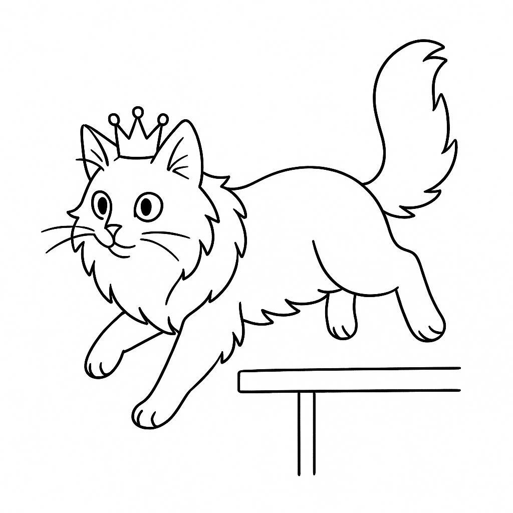 Coloring page of a Norwegian Forest Cat cat, curious cat jumping onto a shelf