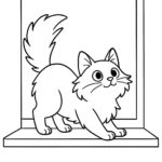 Page à colorier d&rsquo;un chat de forêt norvégien, chat curieux s&rsquo;étirant sur un rebord de fenêtre