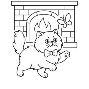 Coloring page of a Persian cat, playful hunter chasing a butterfly
