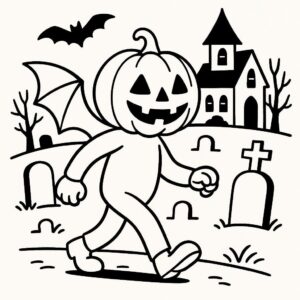 Coloring page of a pumpkin character, haunted house dweller walking through a graveyard