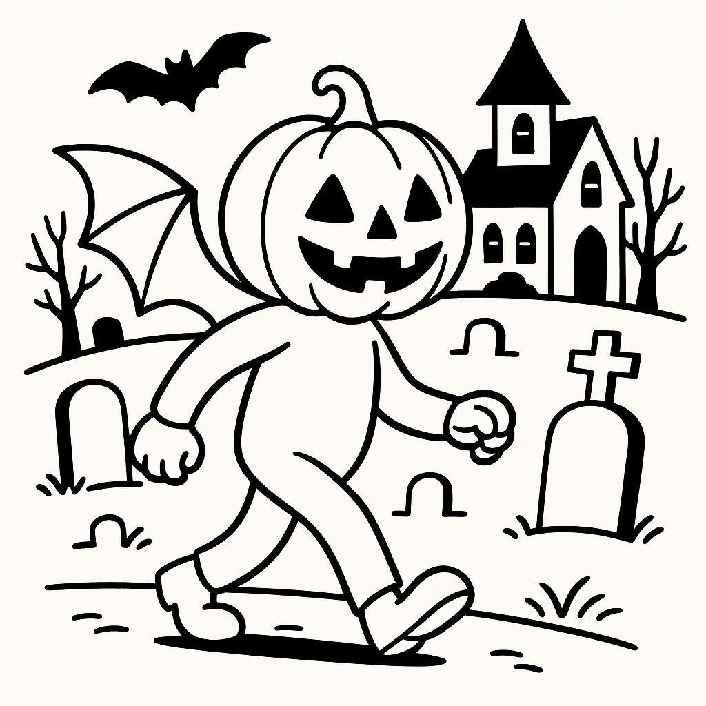 Coloring page of a pumpkin character, haunted house dweller walking through a graveyard