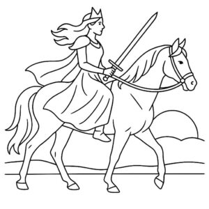 Coloring page of a Quarter Horse female rider, fantasy warrior princess riding at sunset