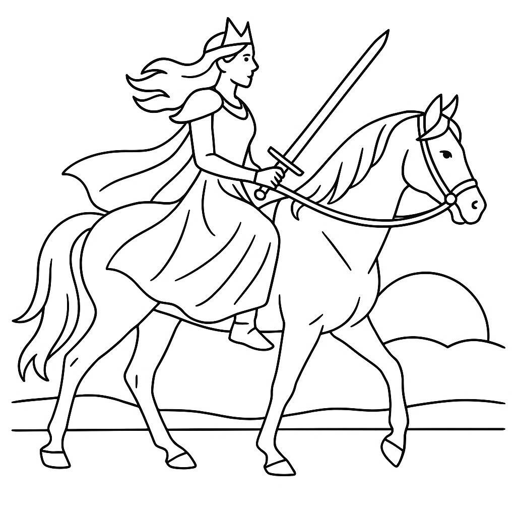 Coloring page of a Quarter Horse female rider, fantasy warrior princess riding at sunset