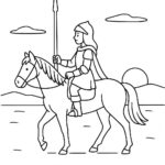 Page de coloriage d&rsquo;une fille de Quarter Horse montant un cheval, chevalière médiévale montant au coucher du soleil
