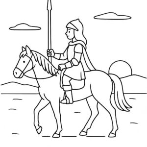 Coloring page of a Quarter Horse girl riding a horse, medieval knightess riding at sunset