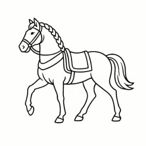 Coloring page of a racehorse, mighty warhorse trotting in a parade