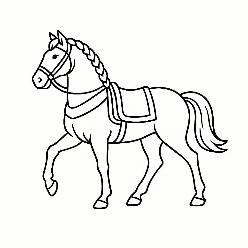Coloring page of a racehorse, mighty warhorse trotting in a parade