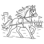 Page de coloriage d&rsquo;un cheval de course, sauteur d&rsquo;obstacles tirant une calèche