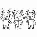 Page à colorier d’un renne, lanceur de boules de neige chantant des chants de Noël