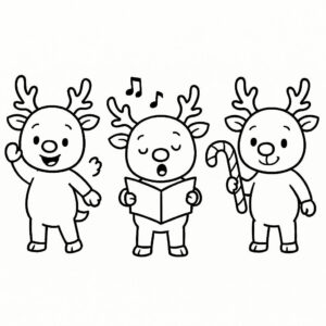 Coloring page of a reindeer, snowball thrower singing carols