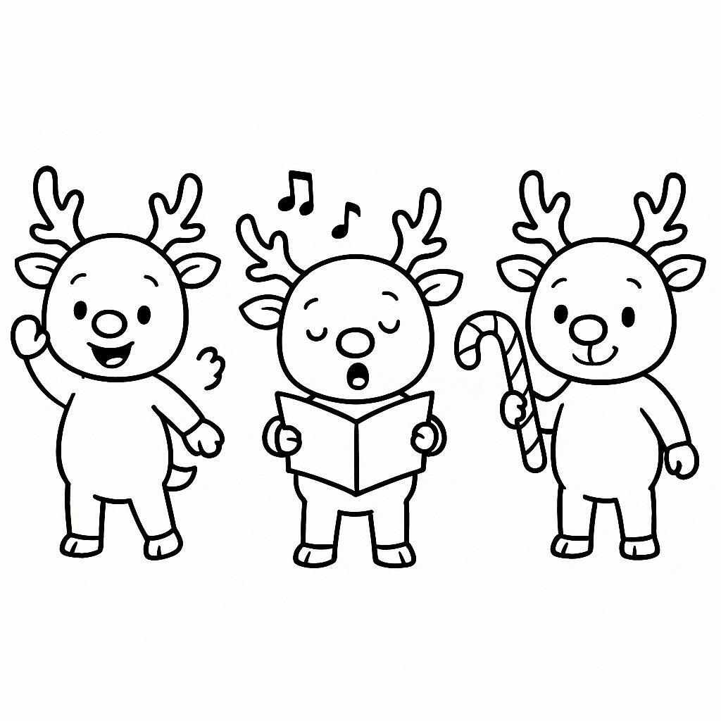 Coloring page of a reindeer, snowball thrower singing carols
