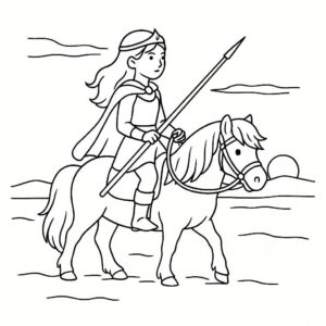 Coloring page of a Shetland pony female rider, fantasy warrior princess riding at sunset