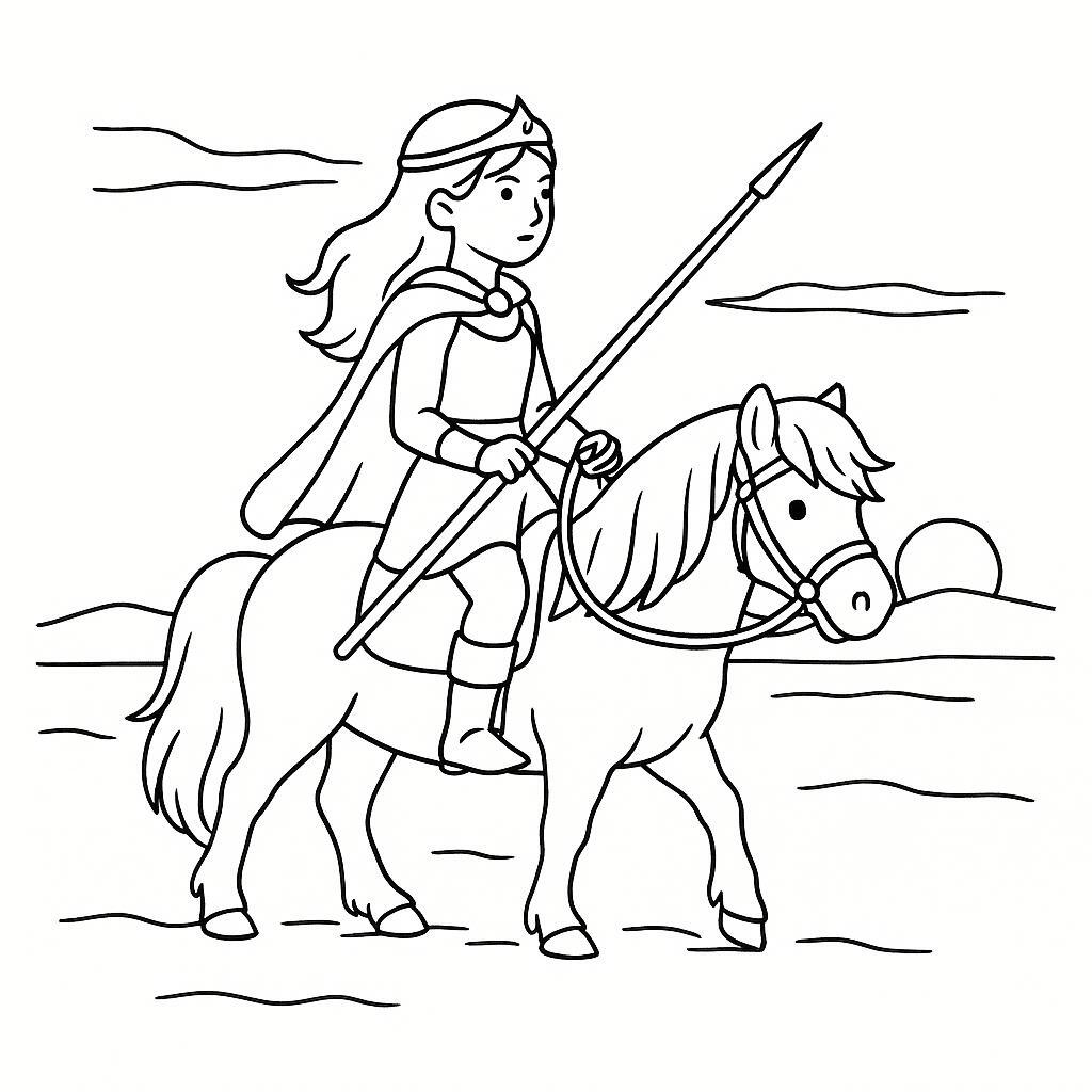 Coloring page of a Shetland pony female rider, fantasy warrior princess riding at sunset