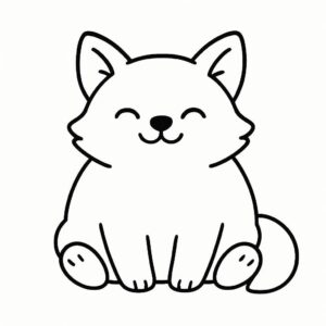 Coloring page of a smoosh squishy animal, plump fox sitting happily