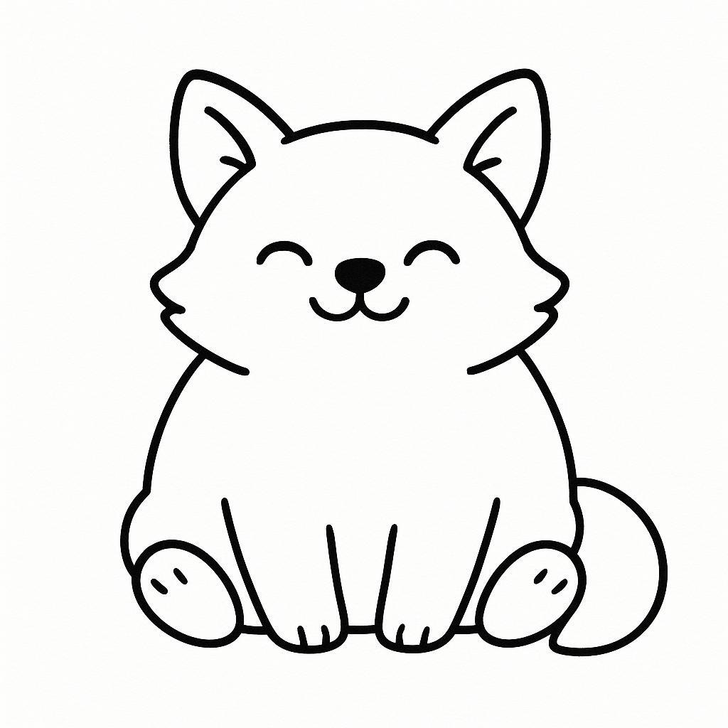 Coloring page of a smoosh squishy animal, plump fox sitting happily
