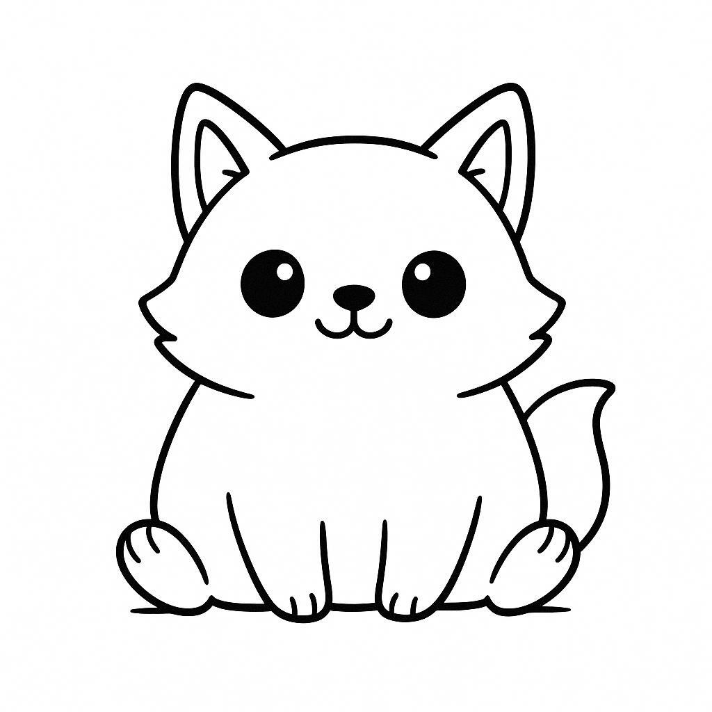 Coloring page of a smoosh squishy animal, plump fox sitting happily