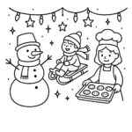 Page de coloriage d&rsquo;un bonhomme de neige, conducteur de traîneau, cuisant des biscuits