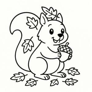 Coloring page of a squirrel with acorn, forest animal sharing a meal