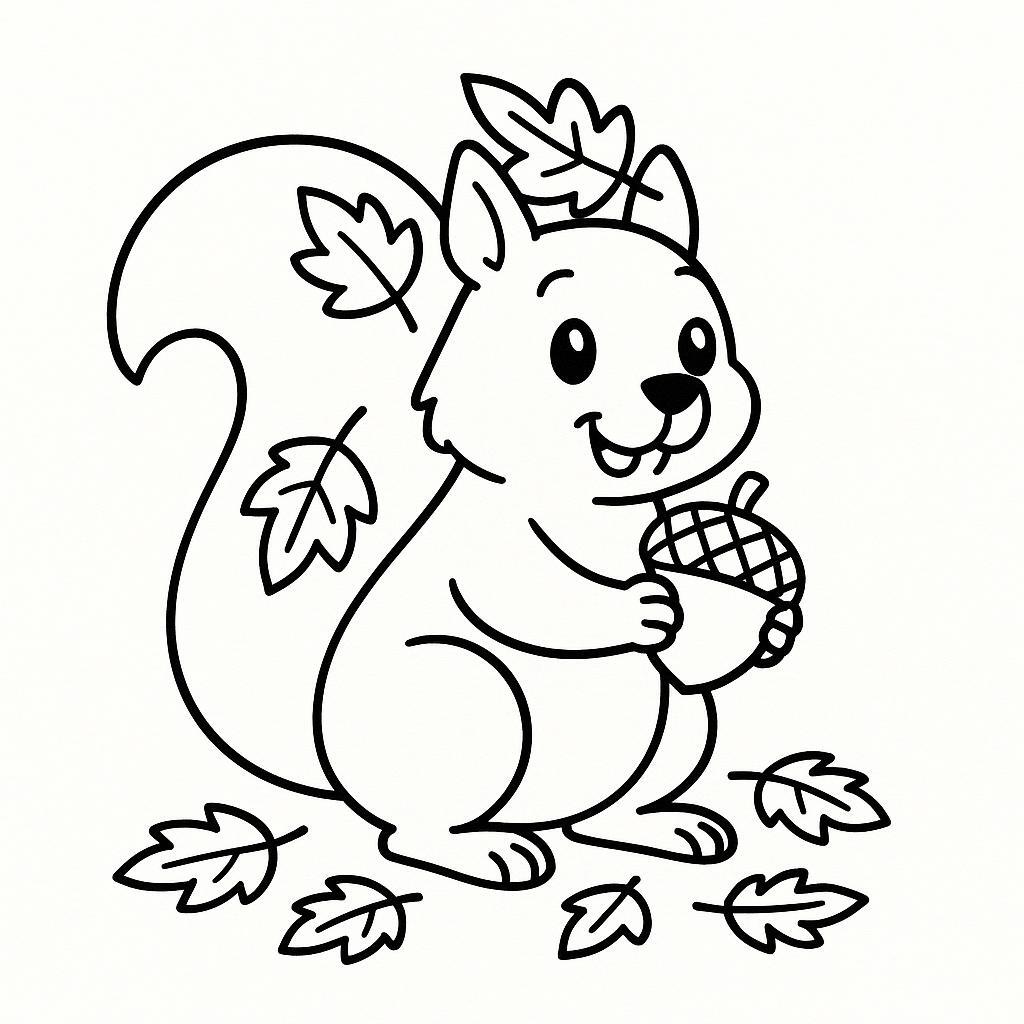 Coloring page of a squirrel with acorn, forest animal sharing a meal