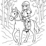 Page à colorier d&rsquo;une cavalière pur-sang, chevalière médiévale traversant une forêt
