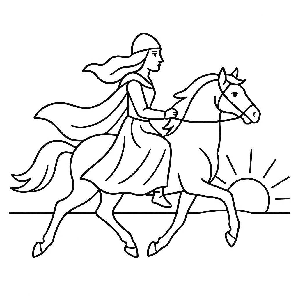Coloring page of a Thoroughbred girl riding a horse, medieval knightess riding at sunset