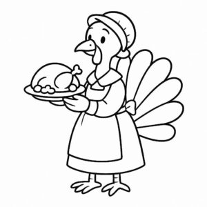 Coloring page of a turkey, family member serving food