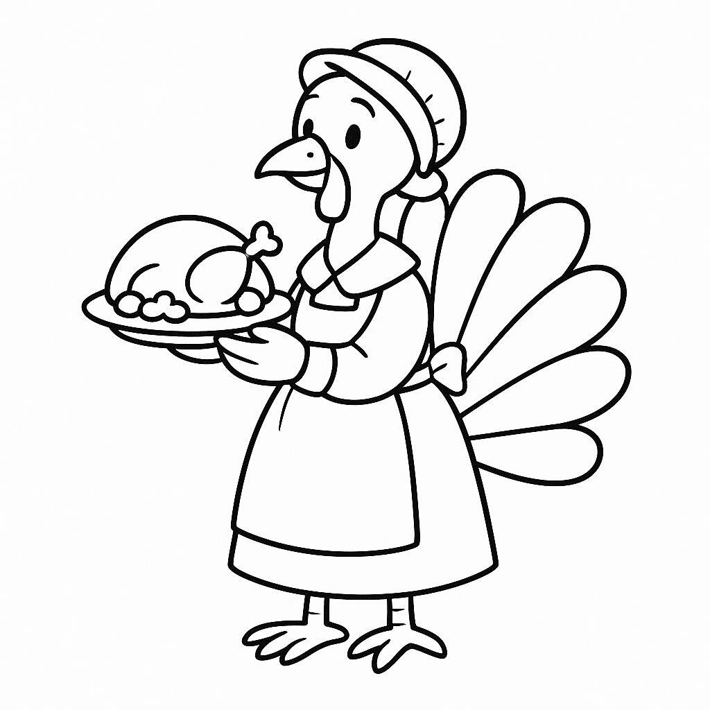 Coloring page of a turkey, family member serving food