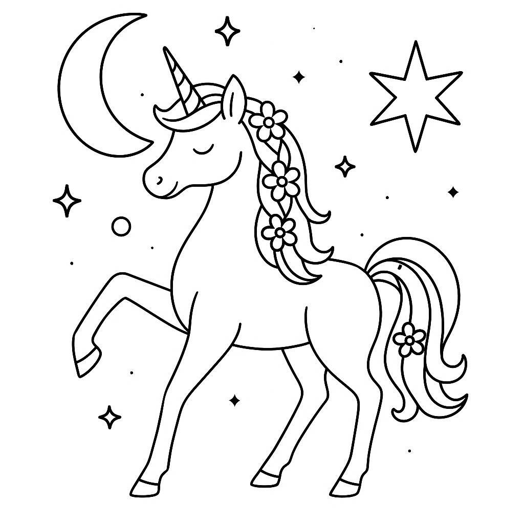 Coloring page of a unicorn, celestial spirit posing gracefully