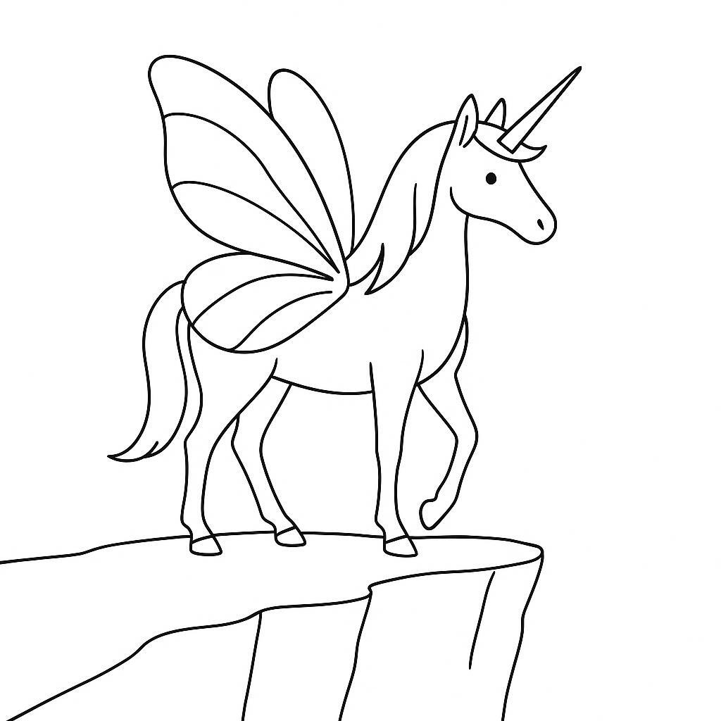 Coloring page of a unicorn, fantasy friend standing on a cliff