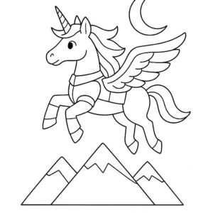 Coloring page of a unicorn, moonlight wanderer gliding above mountains