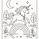 Page de coloriage d&rsquo;une licorne, vagabonde au clair de lune sautant par-dessus un arc-en-ciel