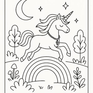Coloring page of a unicorn, moonlight wanderer leaping over a rainbow