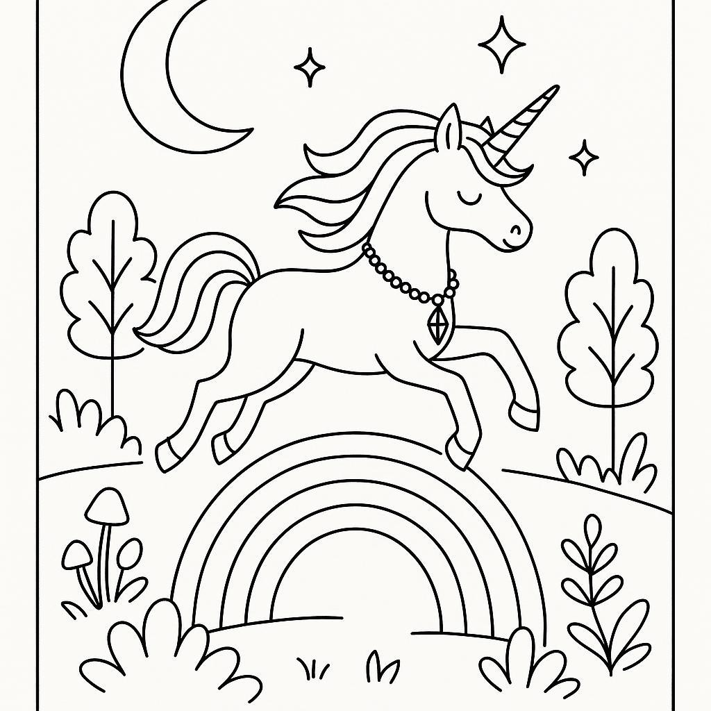 Coloring page of a unicorn, moonlight wanderer leaping over a rainbow