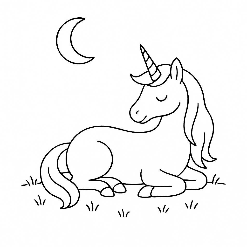 Coloring page of a unicorn, moonlight wanderer resting in a meadow