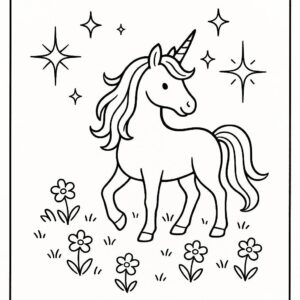 Coloring page of a unicorn, mythical companion sparkling in the sunlight