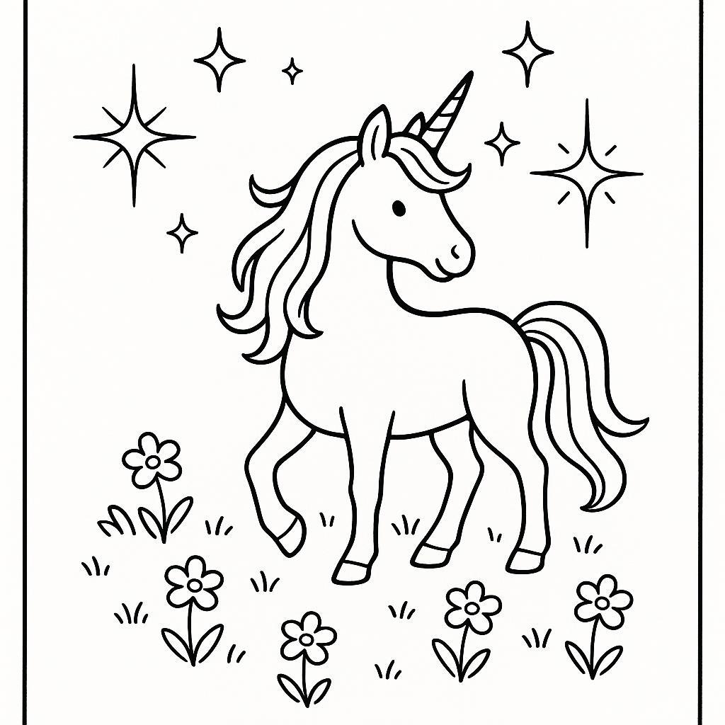 Coloring page of a unicorn, mythical companion sparkling in the sunlight