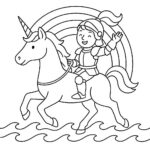Page à colorier d&rsquo;une licorne, cavalier de l&rsquo;arc-en-ciel courant dans les vagues