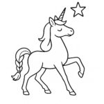 Page de coloriage d&rsquo;une licorne, chasseuse d&rsquo;étoiles posant avec grâce